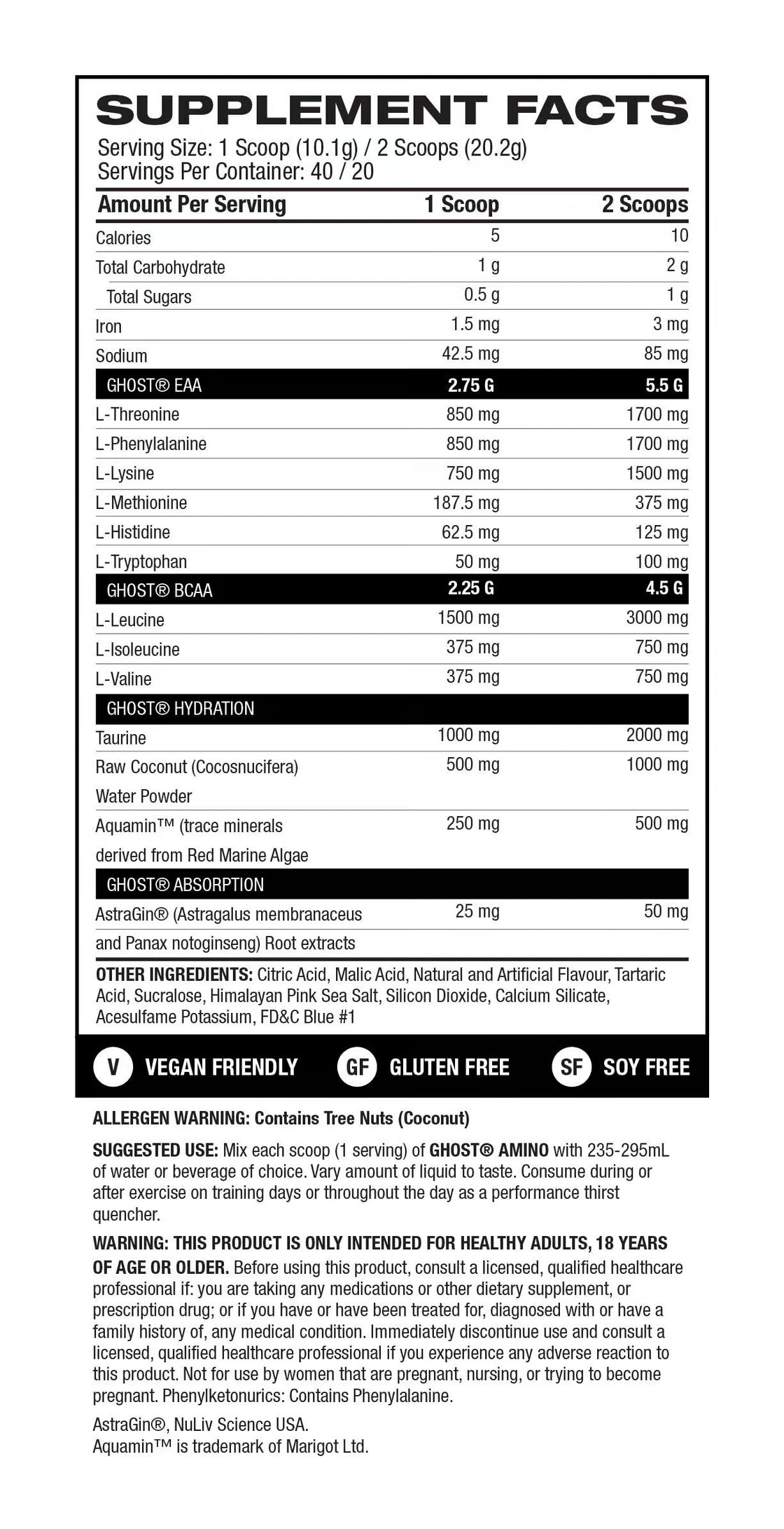 Ghost Amino V2 nutrition information panel nutrition panel