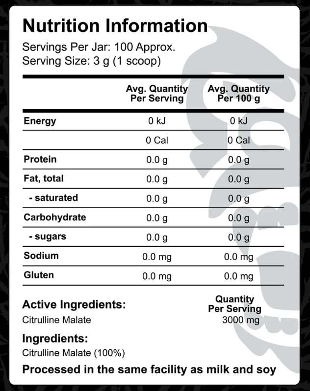 Gorilla X Labs Citrulline Malate nutrition panel, 3,000 mg citrulline malate per 3 g scoop nutrition panel