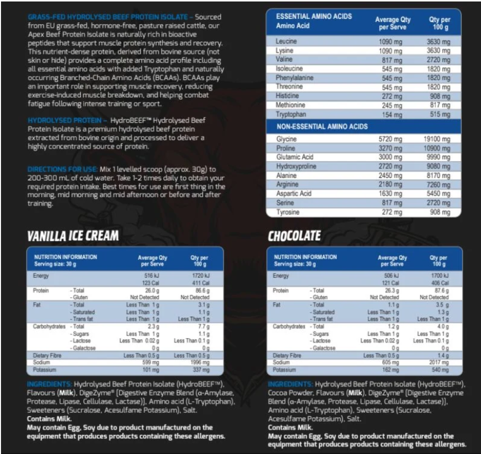 International Protein Apex Beef Protein Isolate nutrition panel, amino acids and ingredients, Chocolate and Vanilla Ice Cream nutrition panel