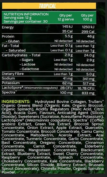 International Protein Greens nutrition information panel nutrition panel