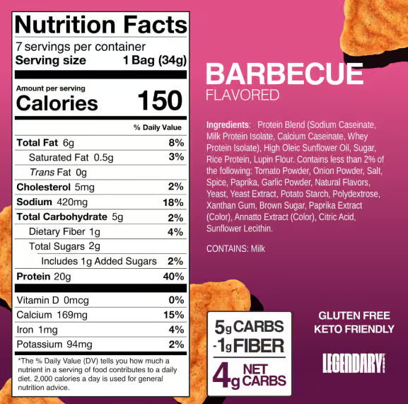 Legendary Foods Popped Protein Chips nutrition information panel nutrition panel