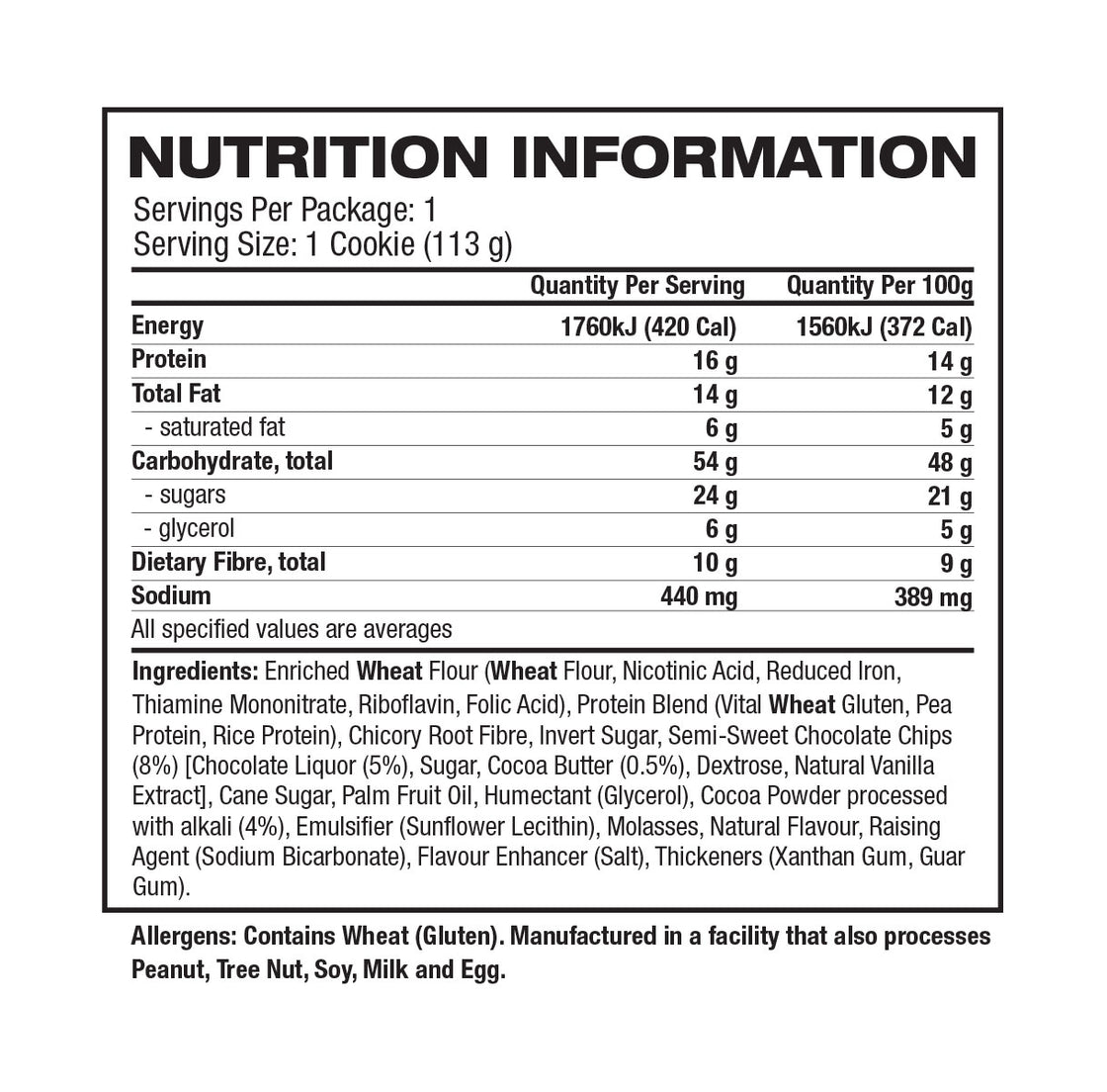 Lenny & Larry's Complete Cookie nutrition information panel nutrition panel