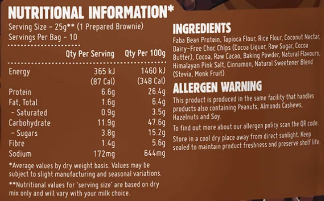Macro Mike Double Choc Chip Protein Brownie Baking Mix nutrition information panel nutrition panel