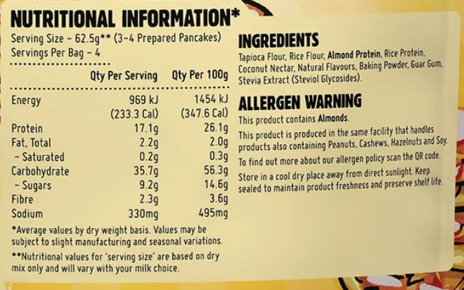 Macro Mike Original Protein Pancake Baking Mix nutrition information panel nutrition panel