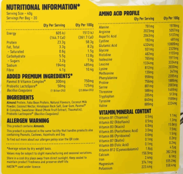 Macro Mike Premium Almond Protein nutrition information panel nutrition panel