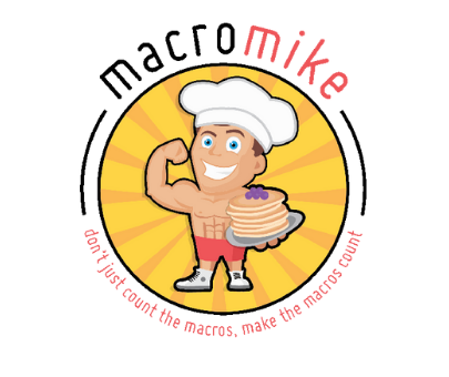 Logo of Macro Mike with a cartoon character holding pancakes on a white background