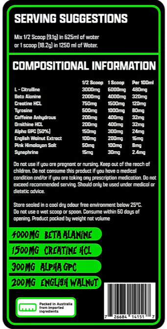 Mad Science Pre-Workout nutrition information panel nutrition panel