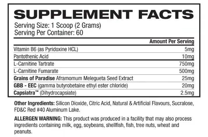 Muscle Sport Carnishred Revolution nutrition information panel nutrition panel