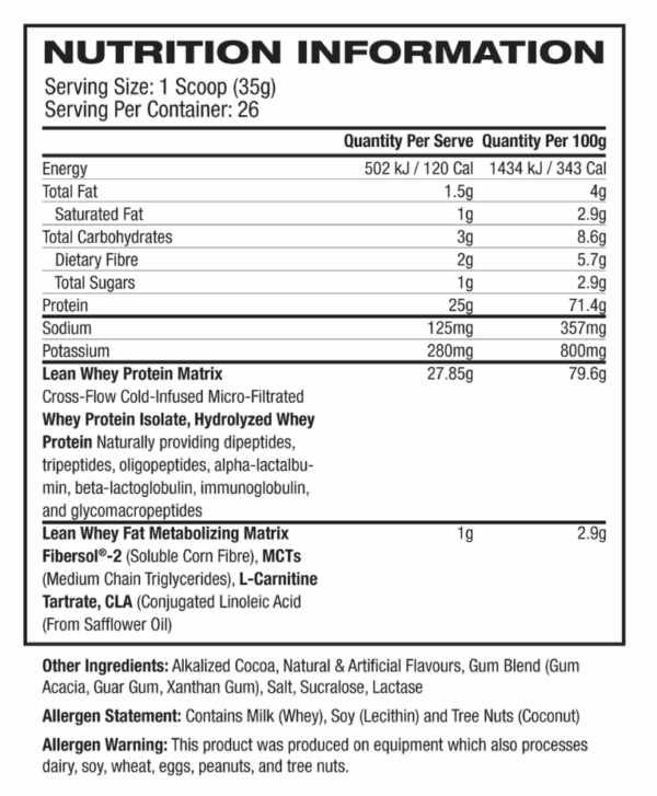 Muscle Sport Lean Whey Iso-Hydro nutrition information panel nutrition panel