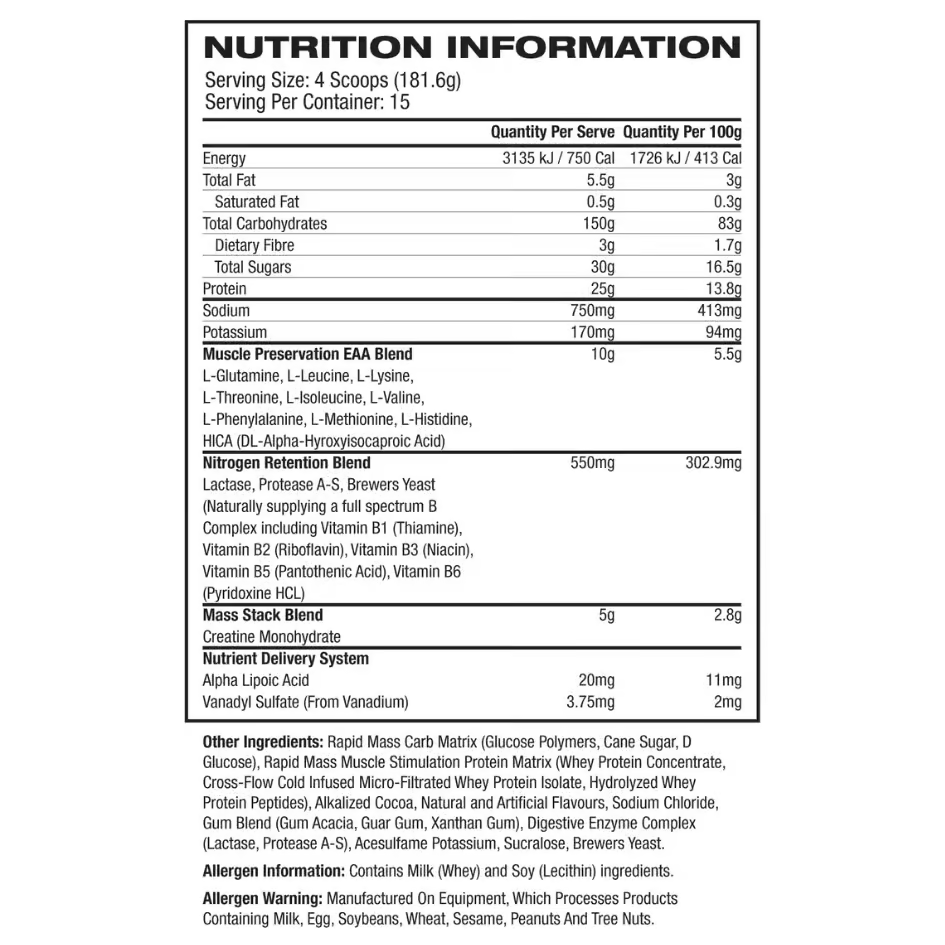 Muscle Sport Mass Revolution nutrition information panel nutrition panel