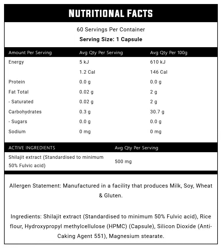 Nexus Shilajit nutrition information panel nutrition panel