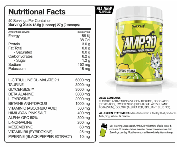 Nexus AMP3D nutrition information panel nutrition panel