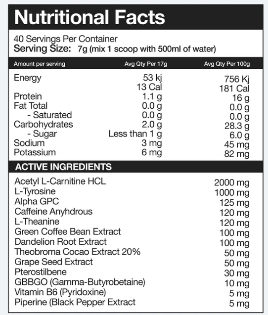 Nexus ObliterX nutrition information panel nutrition panel