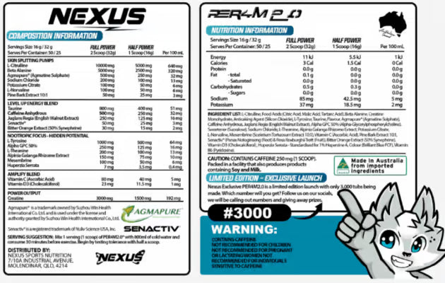 Nexus PER4M 2.0 nutrition information panel nutrition panel