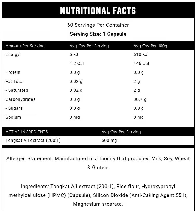 Nexus Tongkat Ali nutrition information panel nutrition panel