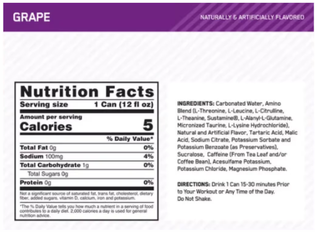 Optimum Nutrition Amino Energy + Electrolytes nutrition information panel nutrition panel