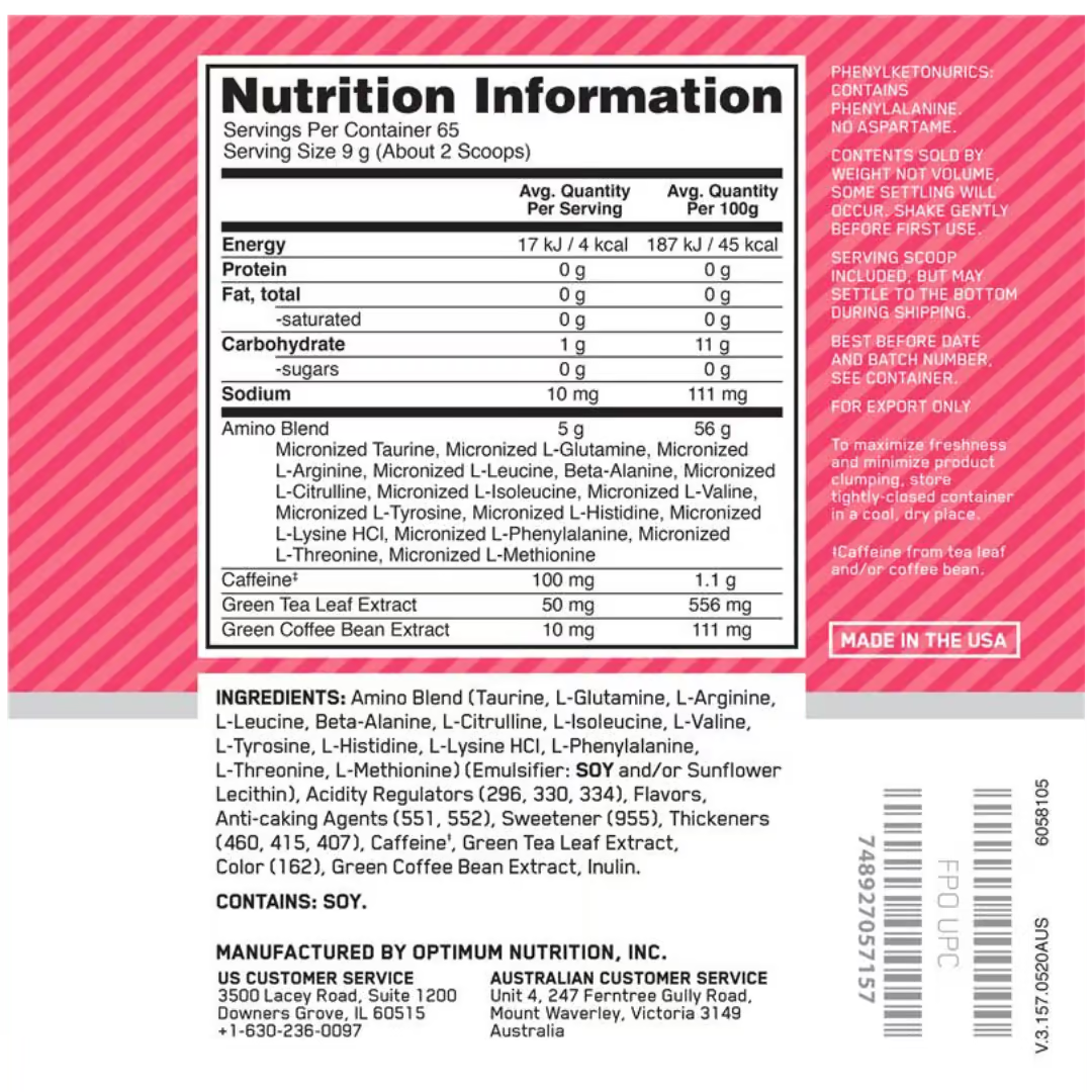 Optimum Nutrition Amino Energy nutrition information panel nutrition panel