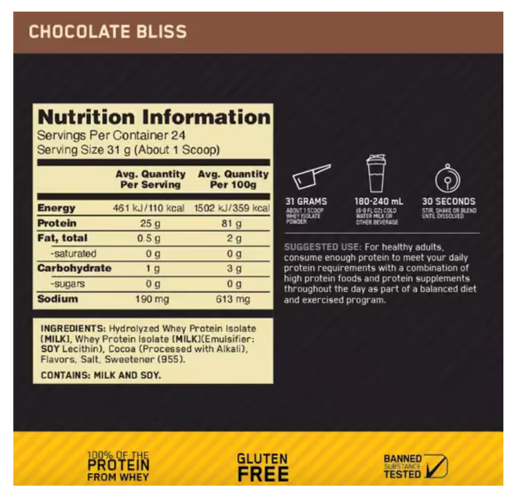 Optimum Nutrition Gold Standard 100% Isolate nutrition information panel nutrition panel