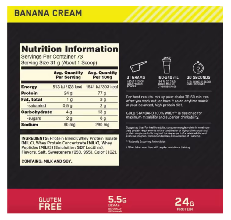 Optimum Nutrition Gold Standard 100% Whey nutrition information panel nutrition panel
