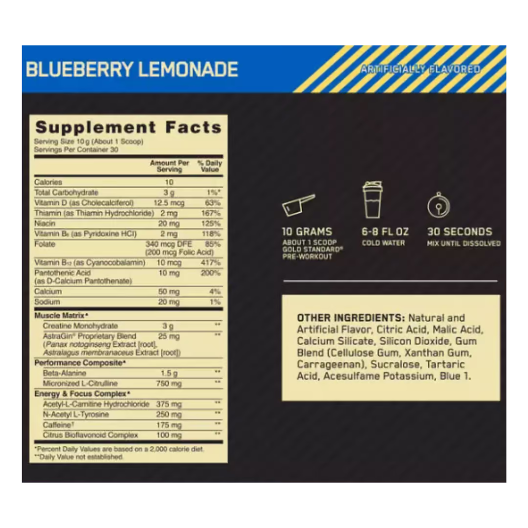 Optimum Nutrition Gold Standard Pre Workout nutrition information panel nutrition panel