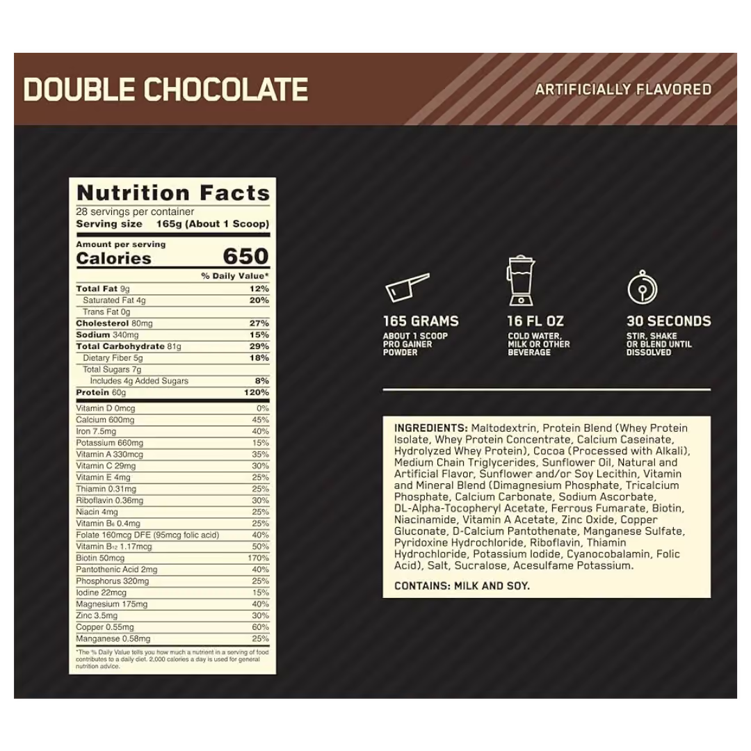Optimum Nutrition Gold Standard Pro Gainer nutrition information panel nutrition panel