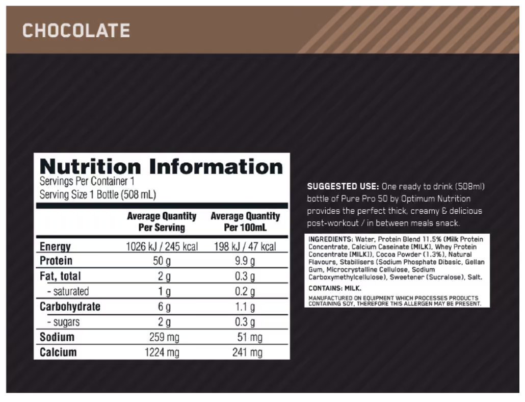 Optimum Nutrition Pure Pro 50 nutrition information panel nutrition panel