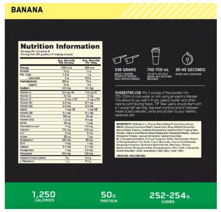 Optimum Nutrition Serious Mass nutrition information panel nutrition panel