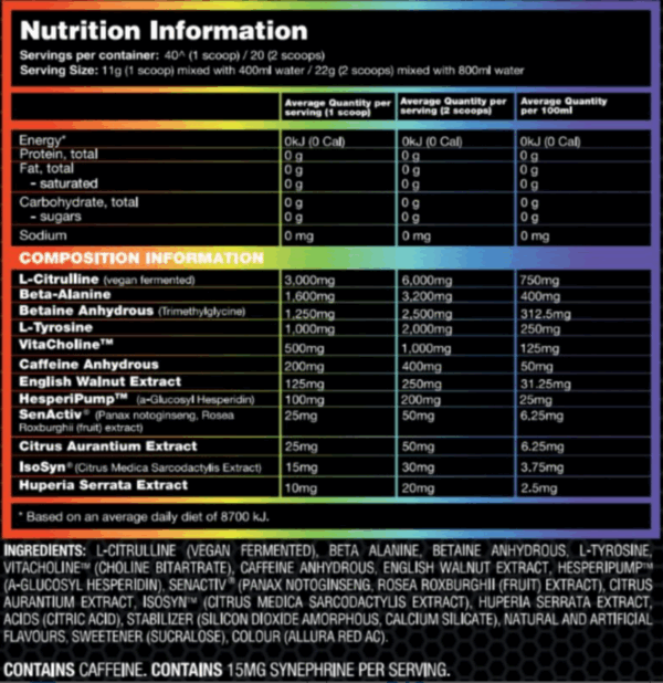 Performax Labs Hypermax Grand Pre nutrition information panel nutrition panel