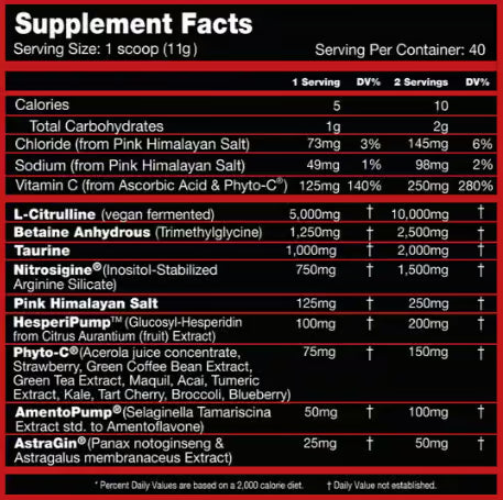 Performax Labs Vaso Max nutrition information panel nutrition panel