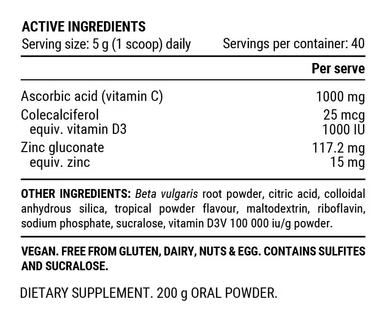 Pillar Performance Ultra Immune C nutrition information panel nutrition panel