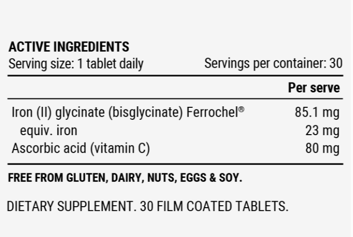 Pillar Performance Iron Advanced + C nutrition information panel nutrition panel