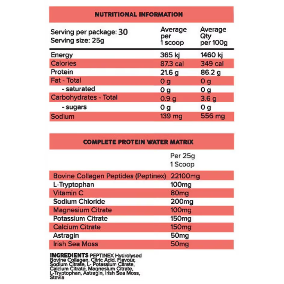 Primabolics Complete Collagen Protein Water + Hydration nutrition information panel nutrition panel