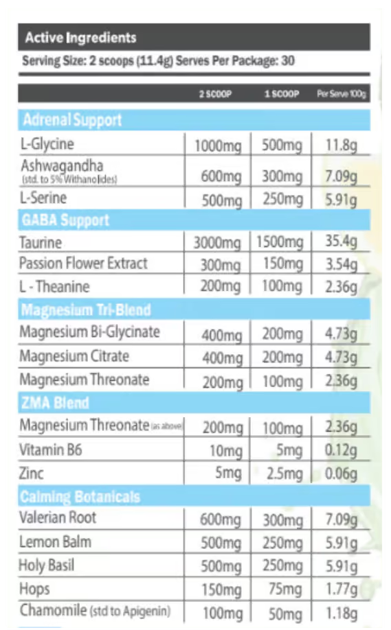 Primabolics Everyday Sleep nutrition information panel nutrition panel