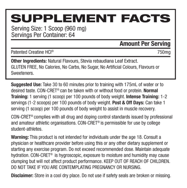 ProMera Sports Con-Cret Creatine HCL nutrition information panel nutrition panel