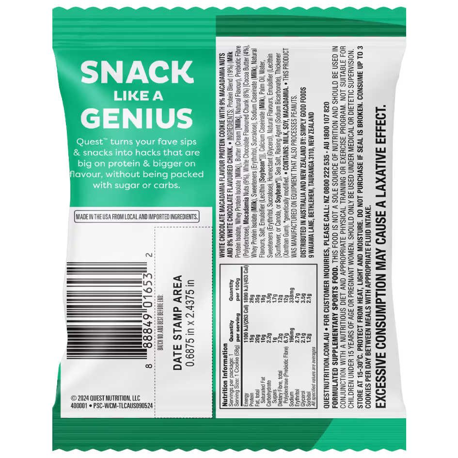 Quest Protein Cookie nutrition information panel nutrition panel