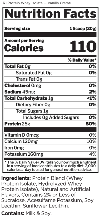 R1 Protein Whey Isolate nutrition information panel nutrition panel