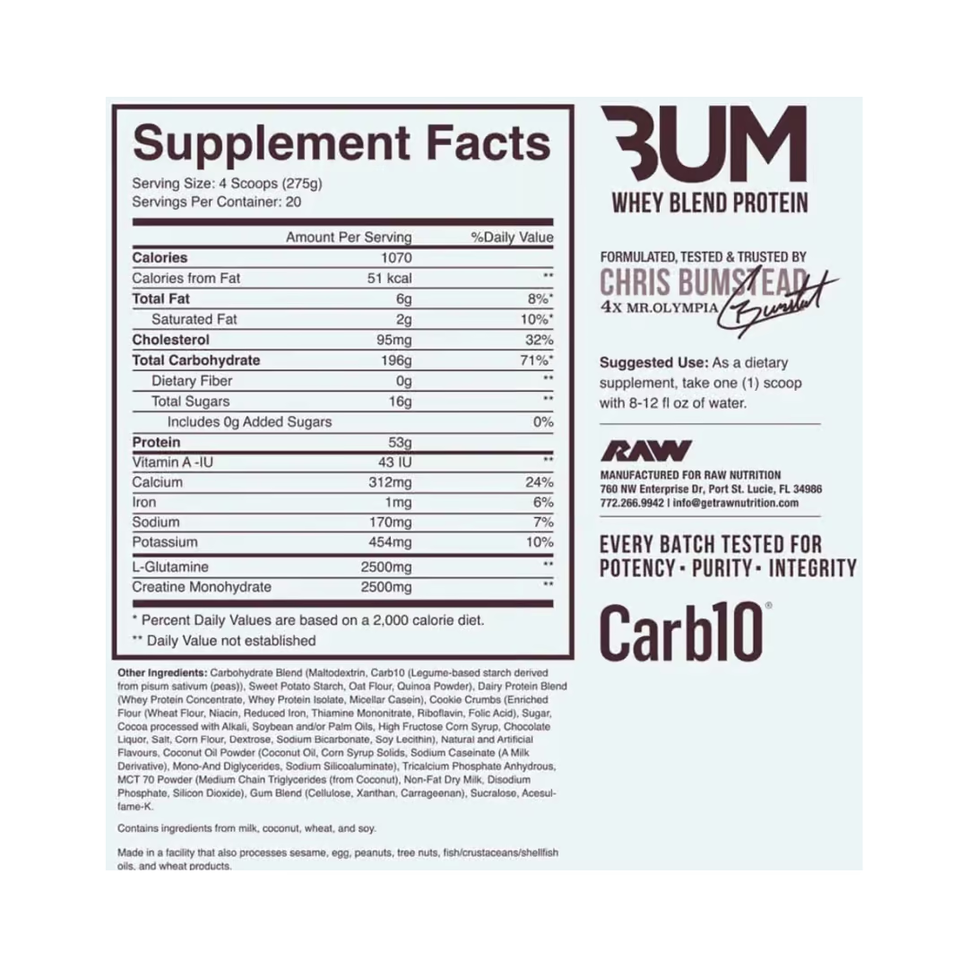 RAW Nutrition CBUM Mass Gainer nutrition information panel nutrition panel