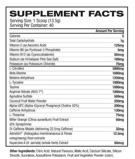 CBUM Thavage Pre-Workout supplement facts panel, per scoop nutrition panel