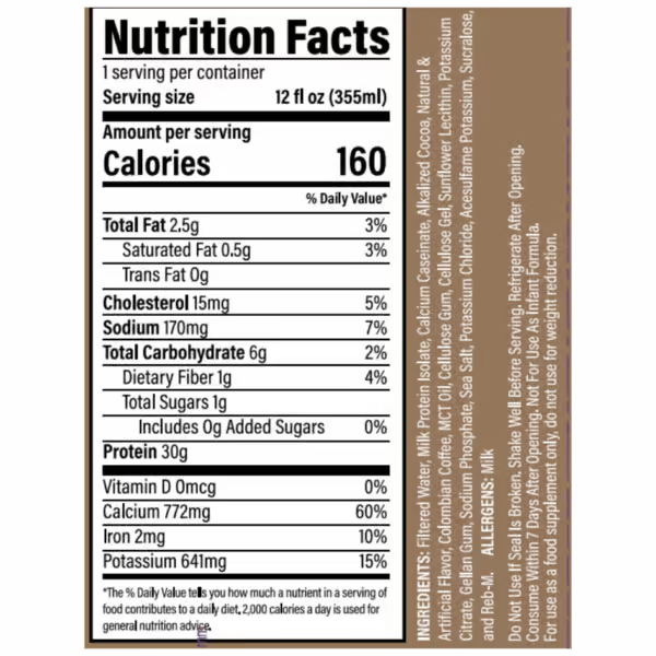 RAW Nutrition Protein Isolate RTD nutrition information panel nutrition panel