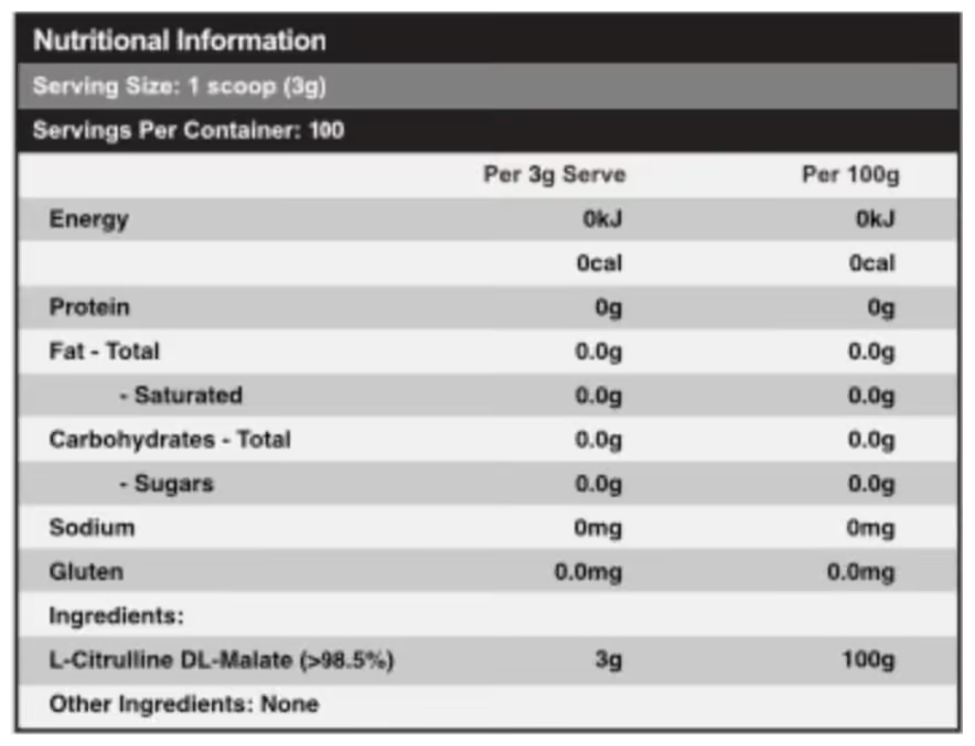 Red Dragon Nutritionals Citrulline nutrition information panel nutrition panel