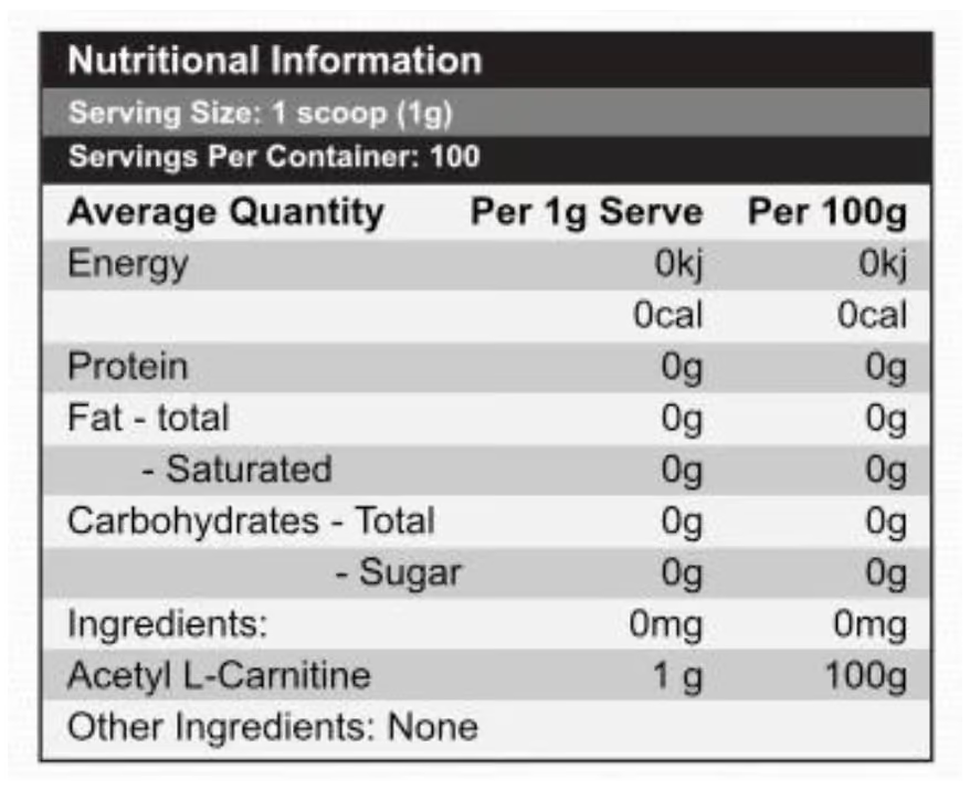 Red Dragon Nutritionals Carnitine nutrition information panel nutrition panel
