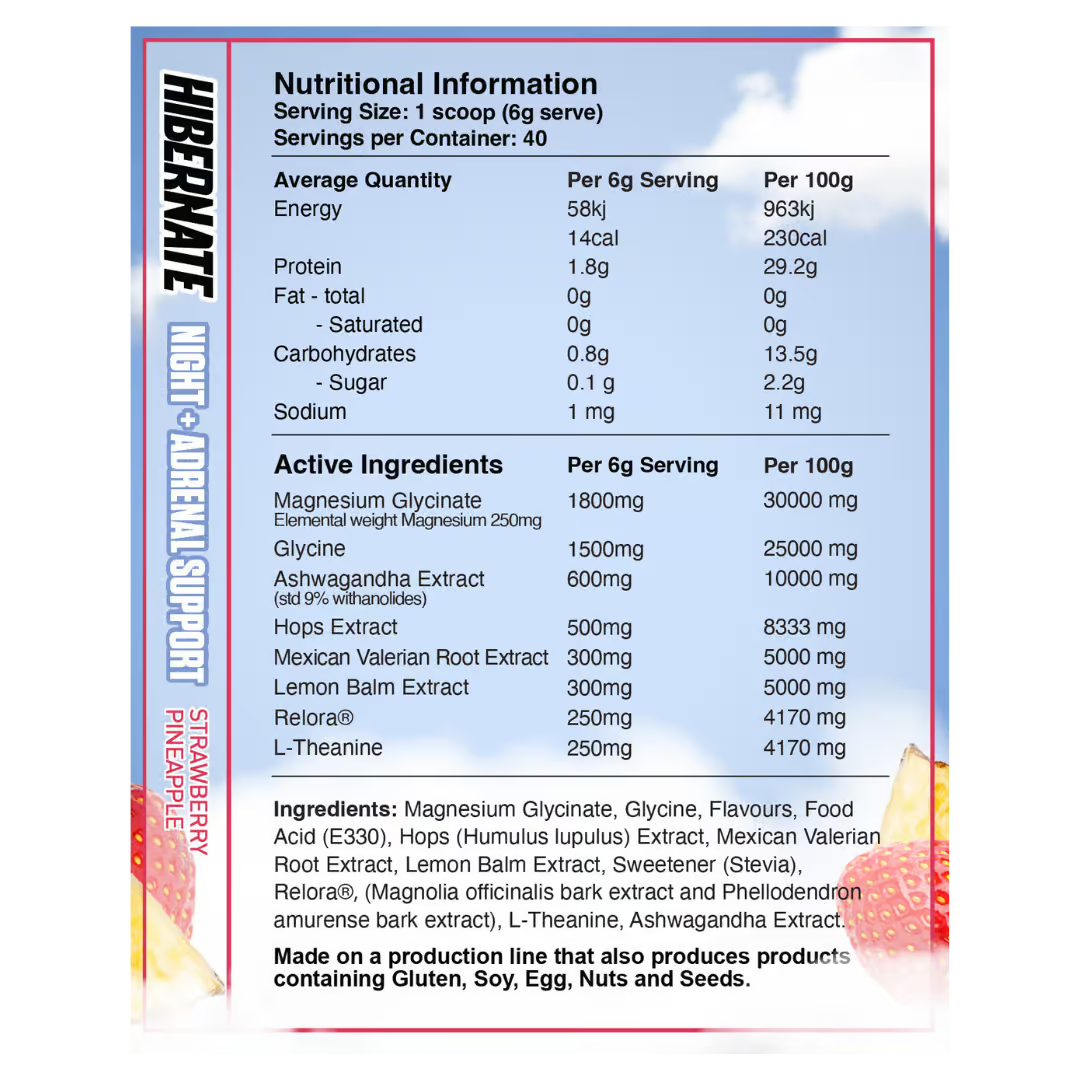 Red Dragon Nutritionals Hibernate nutrition information panel nutrition panel
