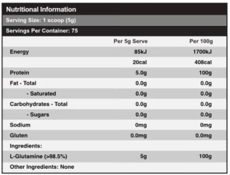 Red Dragon Nutritionals Glutamine nutrition information panel nutrition panel