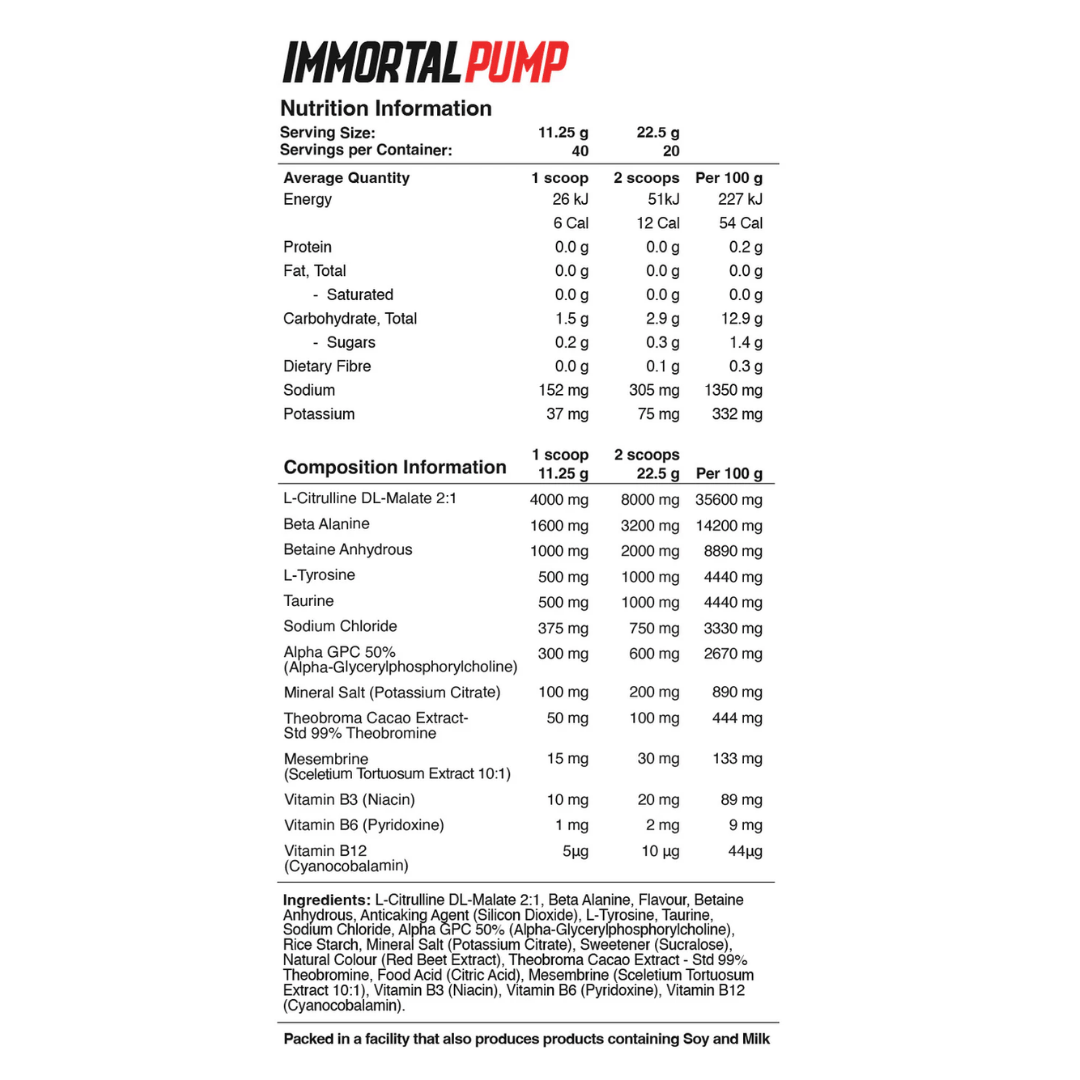 Red Dragon Nutritionals Immortal Pump nutrition information panel nutrition panel