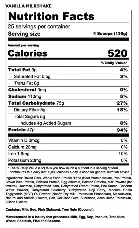 Redcon1 MRE nutrition information panel nutrition panel