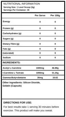 Reset Nutrition Thermogenic Activator nutrition information panel nutrition panel