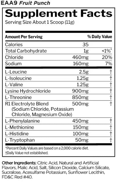 R1 Essential Amino 9 nutrition information panel nutrition panel