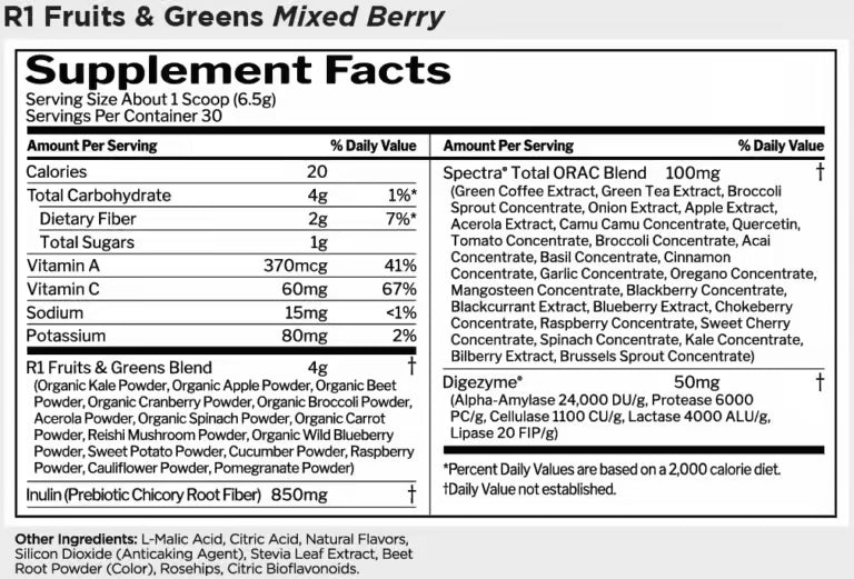 Rule 1 Fruits & Greens + Antioxidants nutrition information panel nutrition panel
