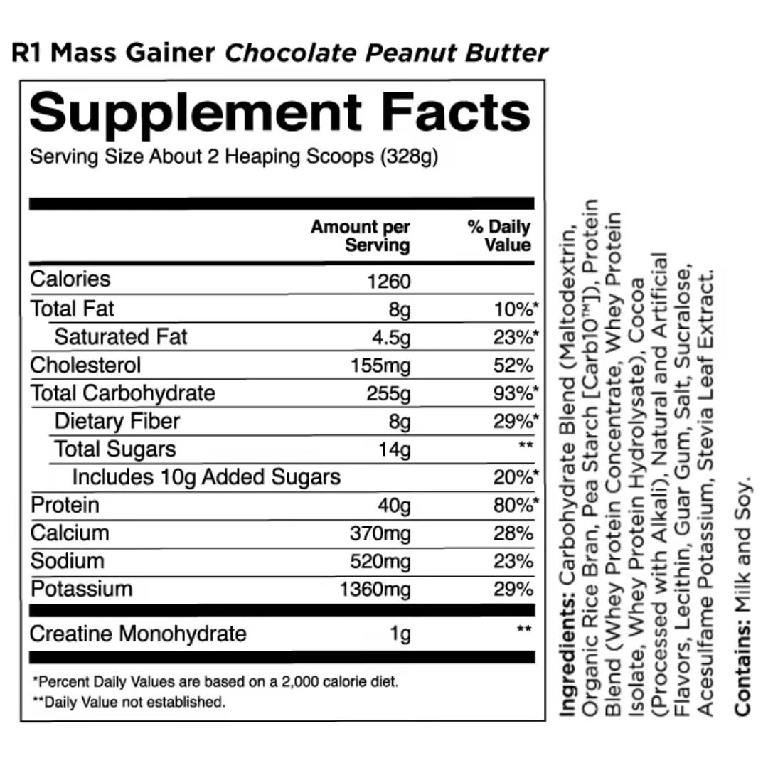 R1 Mass Gainer nutrition information panel nutrition panel