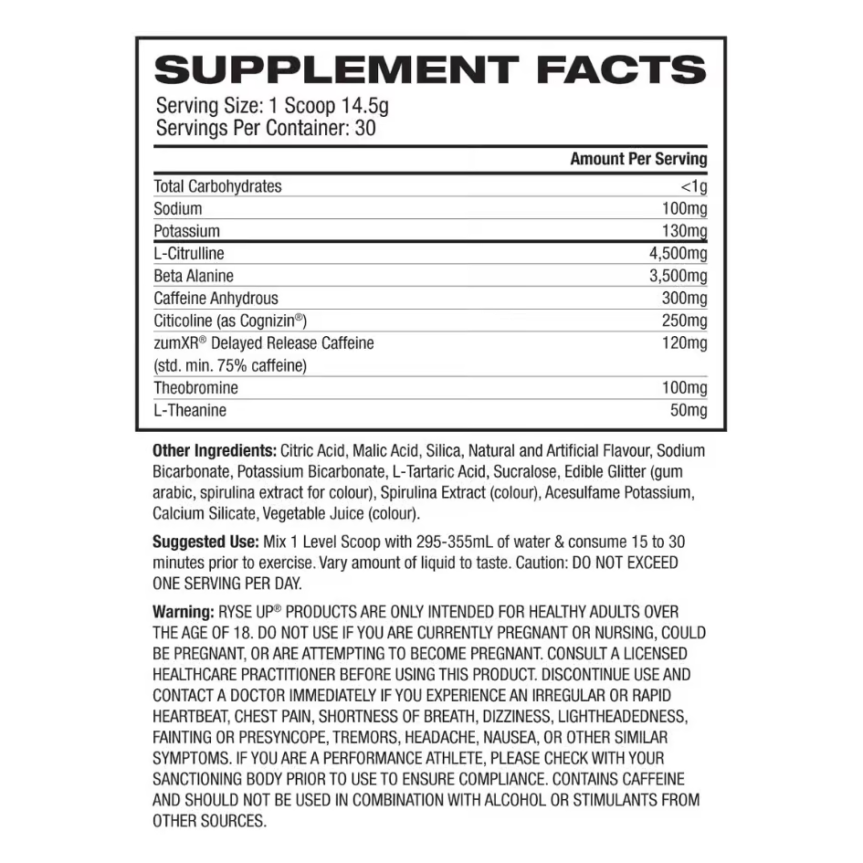 Ryse Loaded Pre nutrition information panel nutrition panel